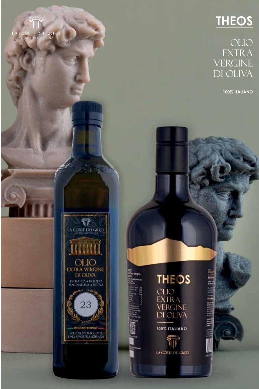 THEOS - Olio extravergine di oliva Castelli Romani - Bottiglia tonda tappo anti rabocco Dop - La Corte dei Greci