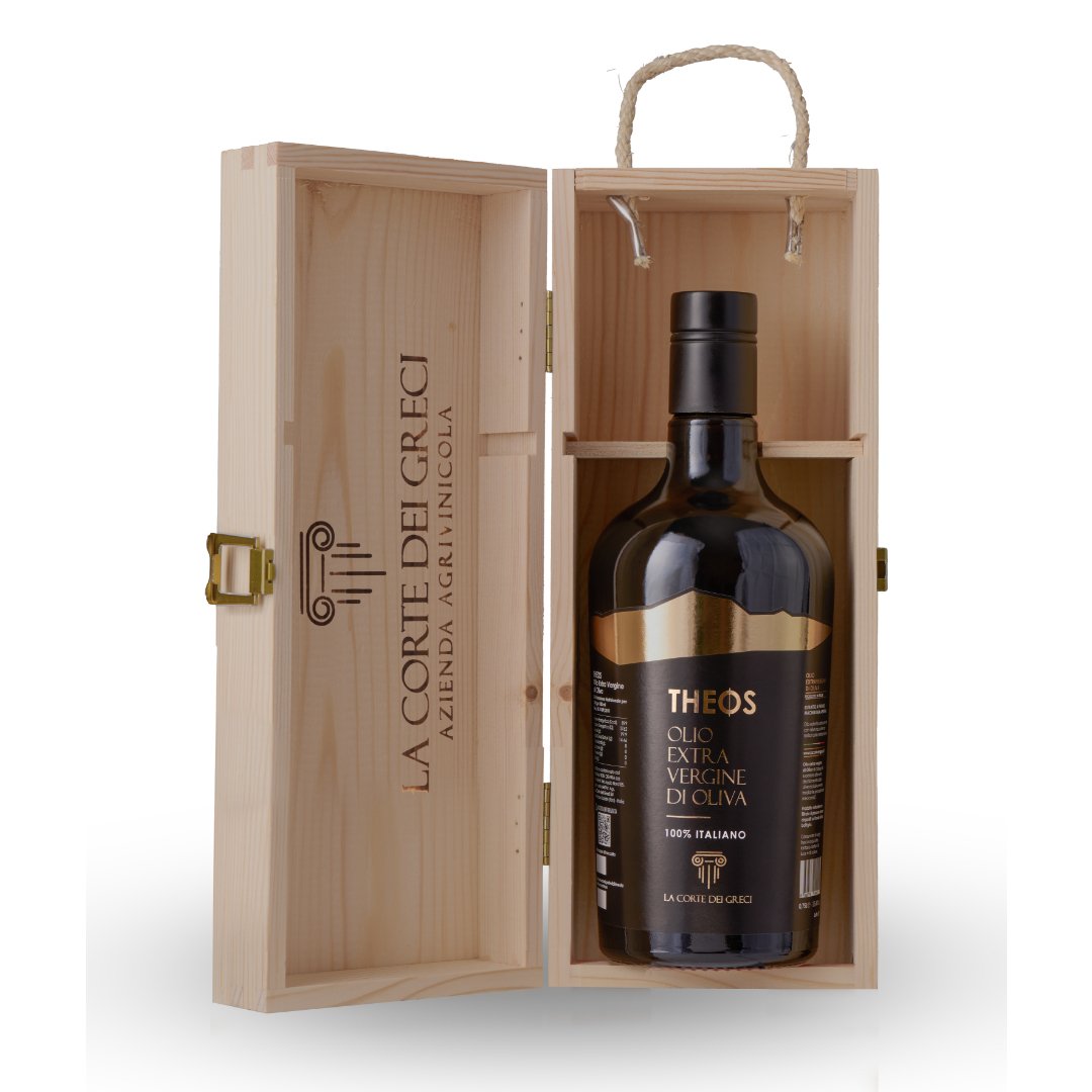 THEOS - Olio extravergine di oliva Castelli Romani - Scatola + Bottiglia tonda - La Corte dei Greci